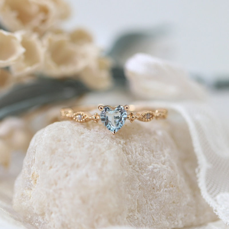 "Sky Heart" 18K Gold Heart Aquamarine Ring | Vintage Starburst Diamond-Accented Dainty Daily Band