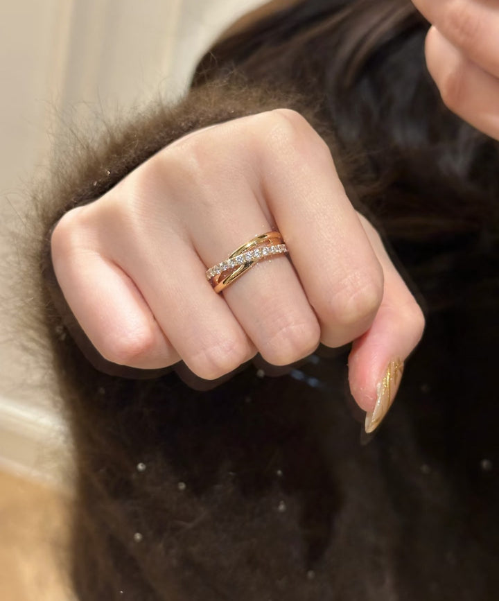 Stackable Double-Band 18K Gold Pavé Diamond Open Ring
