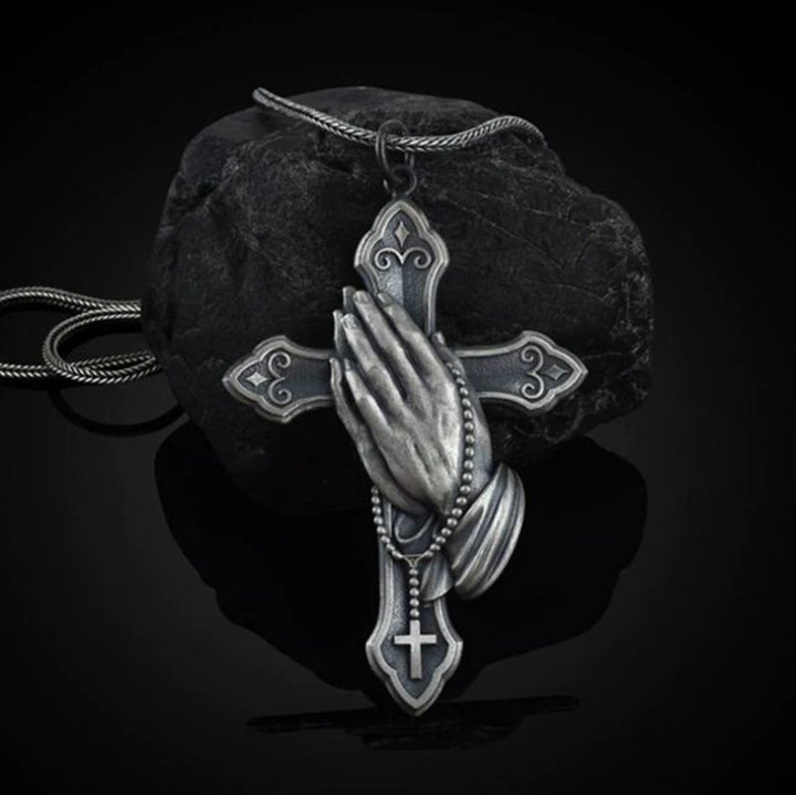 Vintage Praying Hands Cross Necklace