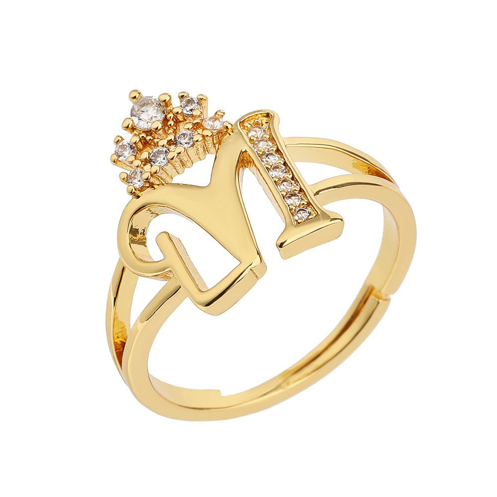 26 Letters Optional Crown Diamond-Encrusted Ring - Women's Light Luxury Personalized Letter Accessory