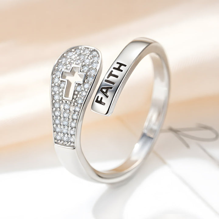 S925 Silver Diamond-Studded Cross FAITH Ring - Women's Light Luxury Religious Style High-End Jewelry