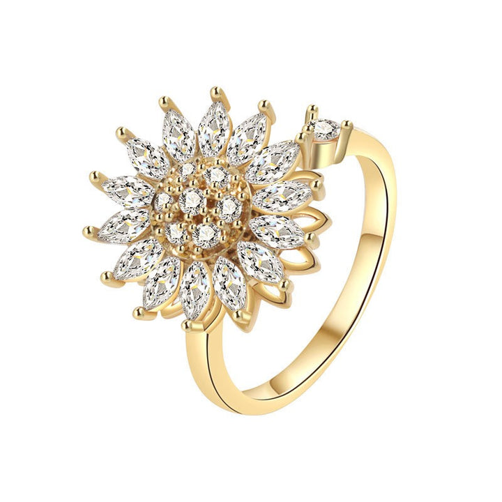 S925 Silver/18K Gold Plated Rotatable Sunflower Full Diamond Ring
