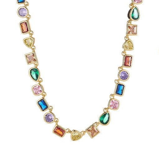 Light Luxury Multi-Color Gemstone Spliced Necklace - Gold Women's Luxurious Banquet Accessory