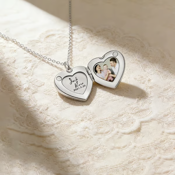 For Love - Customized Double Names, Dates & Photo Heart Necklace