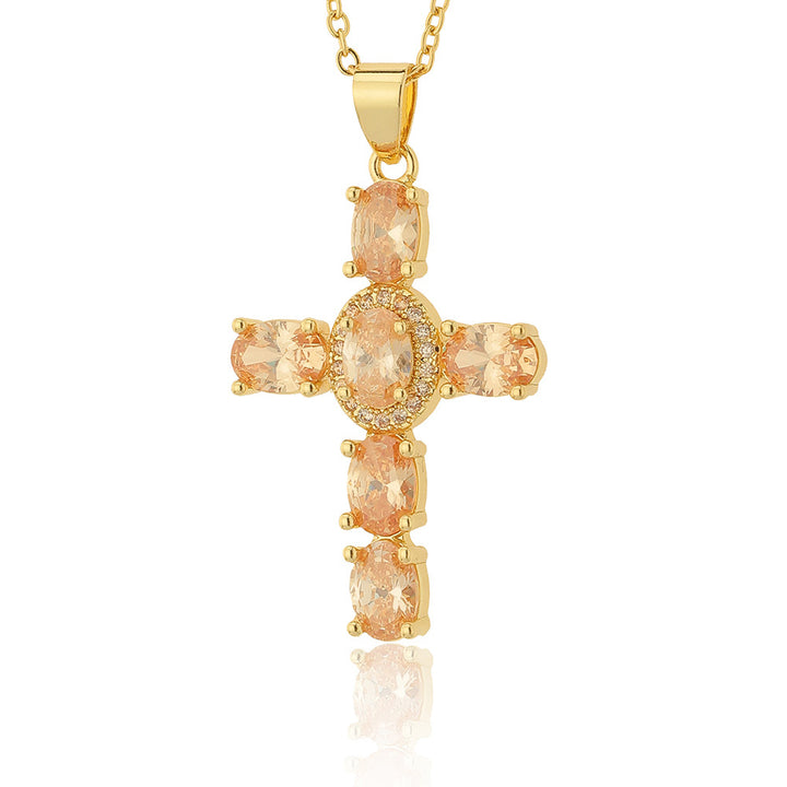 Gold-Plated Imitation Diamond Religious Pendant Luxurious Colored Gem Cross Necklace