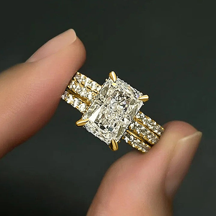 Radiant Princess-Cut Three-Piece Ring Set | Statement Center Ring with Double Pavé Stackable Bands