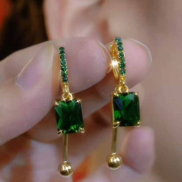 Square Gem Gold Diamond-Inlaid Drop Earrings (Green/Purple Version)
