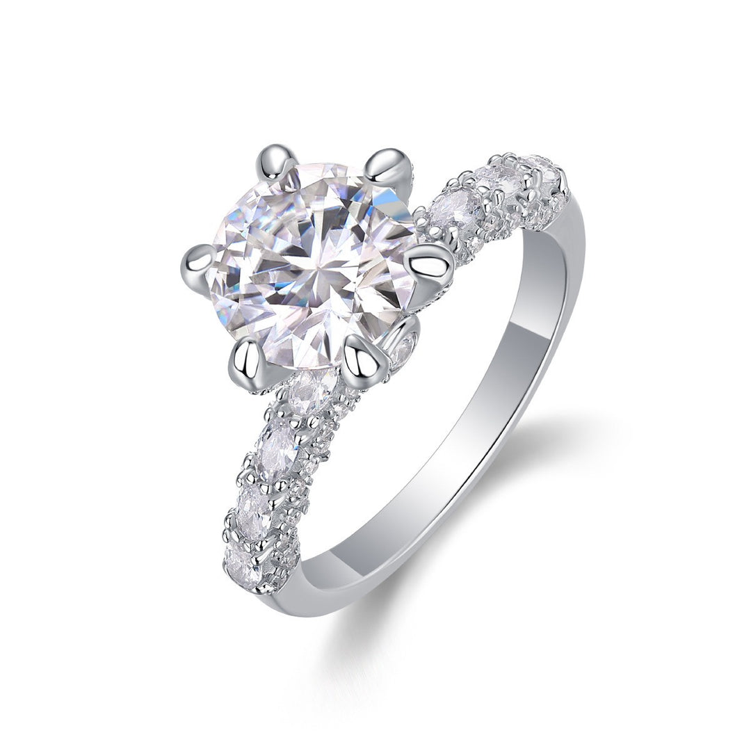 S925 Silver Plated White Gold Six-Prong Round Diamond Full-Set Ring