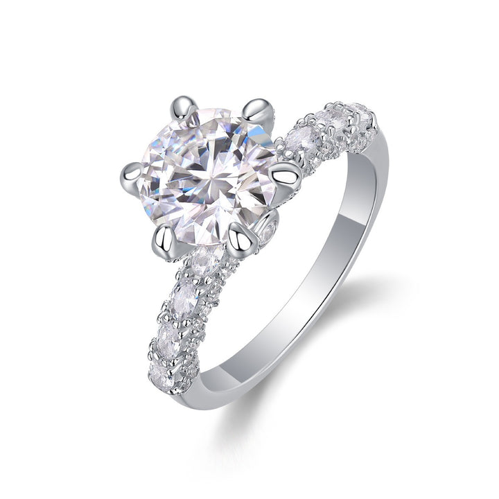 S925 Silver Plated White Gold Six-Prong Round Diamond Full-Set Ring