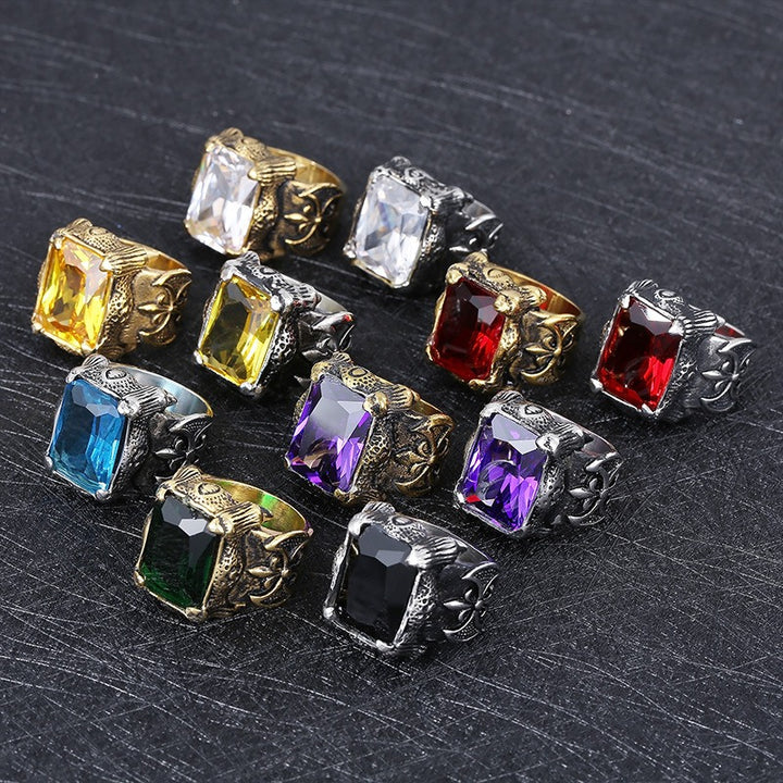 Retro Dark Multi-Color Large Gemstone Ring - Antique Gold/Silver Plated Unisex Niche Statement Band