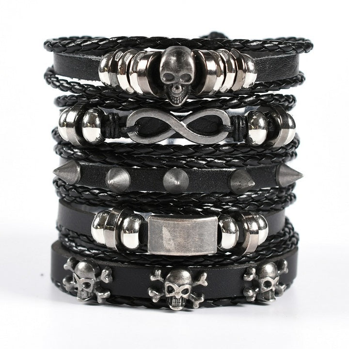 Multi-Style Leather Stackable Bracelet Set - Titanium Steel Accents Niche Dark-Style Bracelets