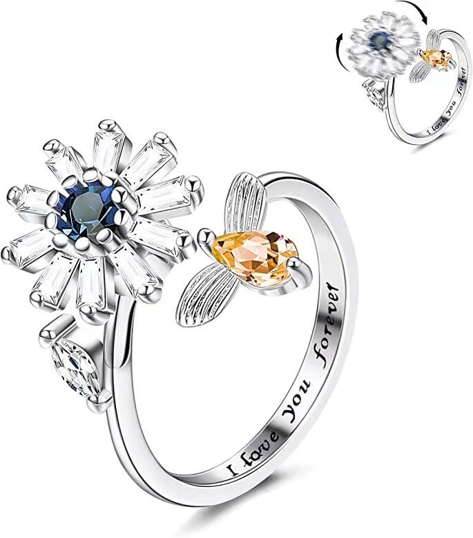 S925 Silver Diamond-Paved Romantic Engraved Band Rotatable Flower & Bee Dual-Color Ring