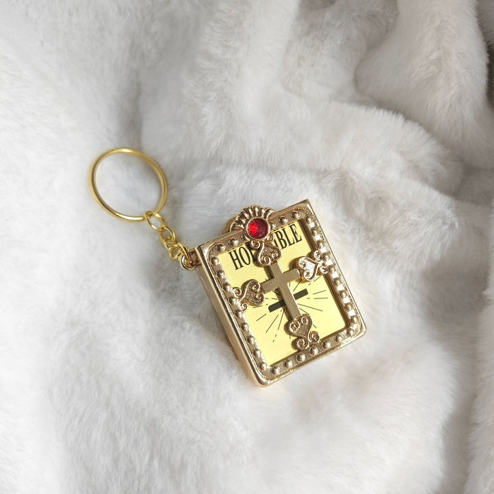 Vintage Holy Bible Cross Keychain | 3D Book Design Christian Key Ring | Metal Faith Charm