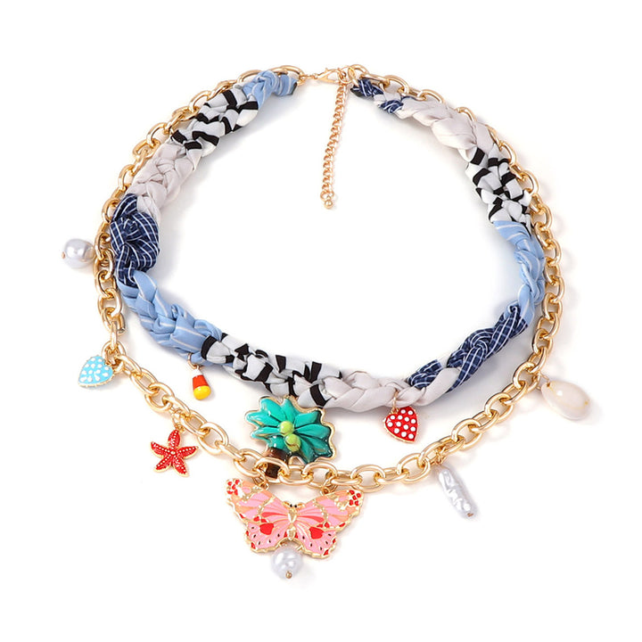 Braided double-layer printed pendant necklace
