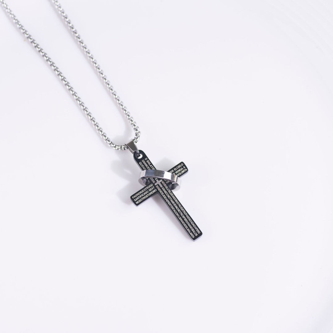 Gold Silver Black Three-Color Religious Style  Scripture Cross Ring Necklace