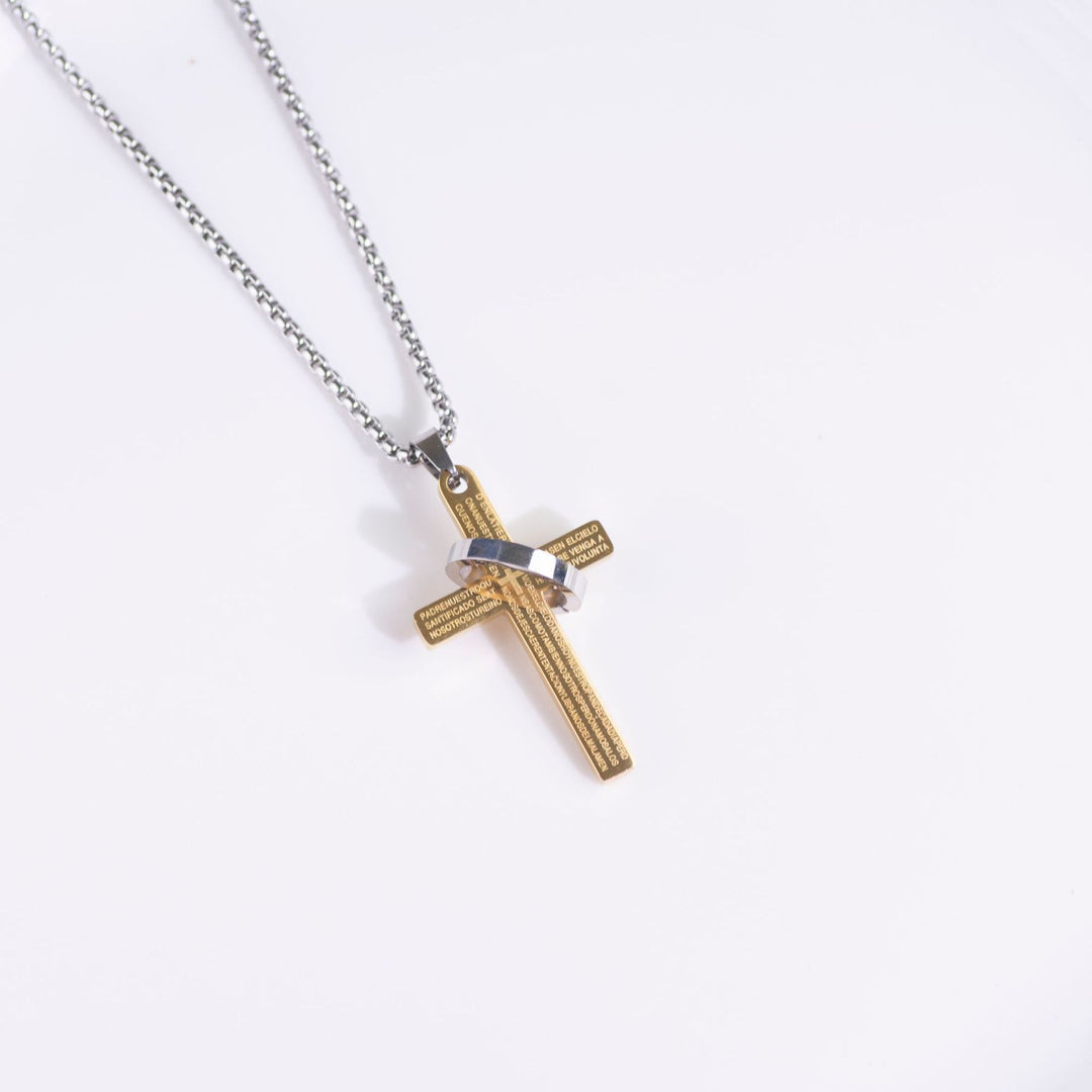 Gold Silver Black Three-Color Religious Style  Scripture Cross Ring Necklace