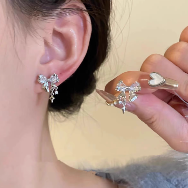 Silver Bowknot Star Pendant Earrings
