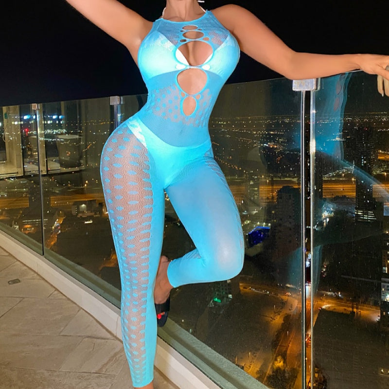 Sheer Mesh Multi-Cutout Halter Jumpsuit