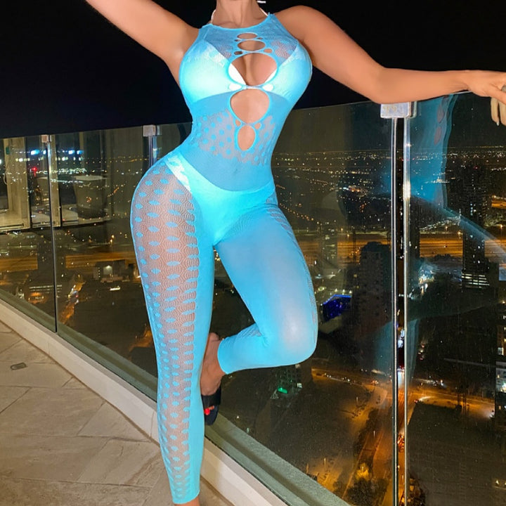 Sheer Mesh Multi-Cutout Halter Jumpsuit