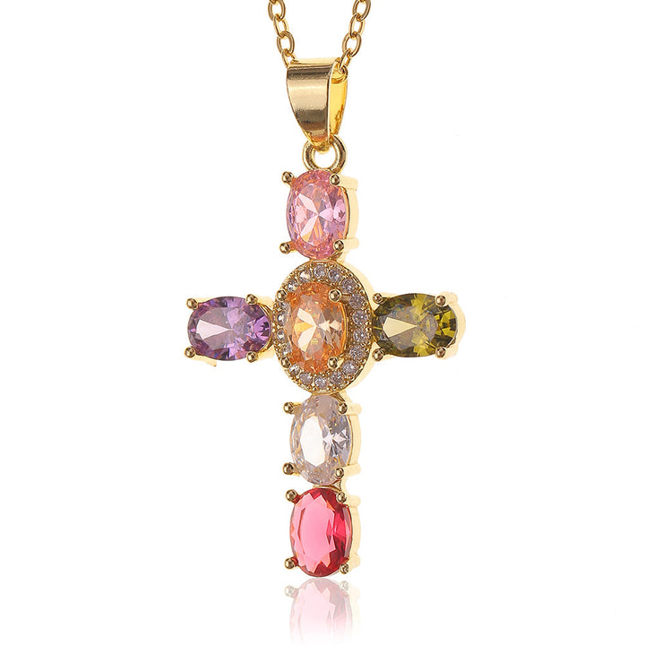 Gold-Plated Imitation Diamond Religious Pendant Luxurious Colored Gem Cross Necklace