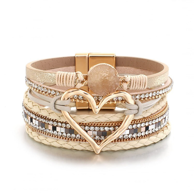 Multi-Color Multi-Layer Heart Braided Bracelet - Leather Diamond-Paved Niche Light Luxury Bracelet