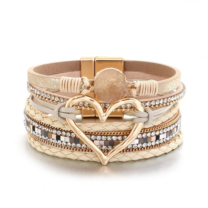 Multi-Color Multi-Layer Heart Braided Bracelet - Leather Diamond-Paved Niche Light Luxury Bracelet