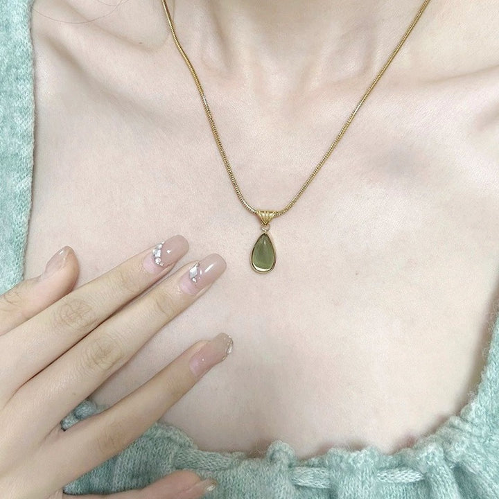 18K Gold Cat's Eye Stone Teardrop Pendant Necklace - Light Luxury Niche Snake Chain Choker