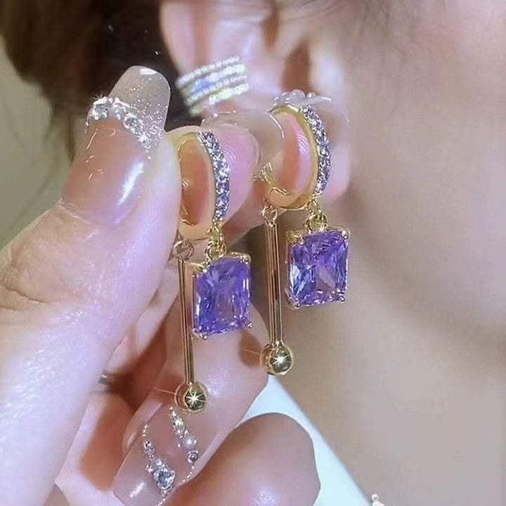 Square Gem Gold Diamond-Inlaid Drop Earrings (Green/Purple Version)