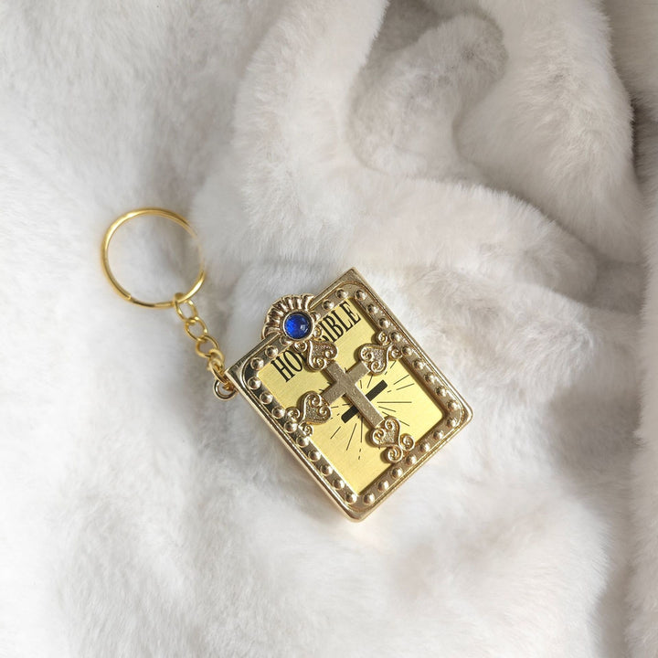 Vintage Holy Bible Cross Keychain | 3D Book Design Christian Key Ring | Metal Faith Charm
