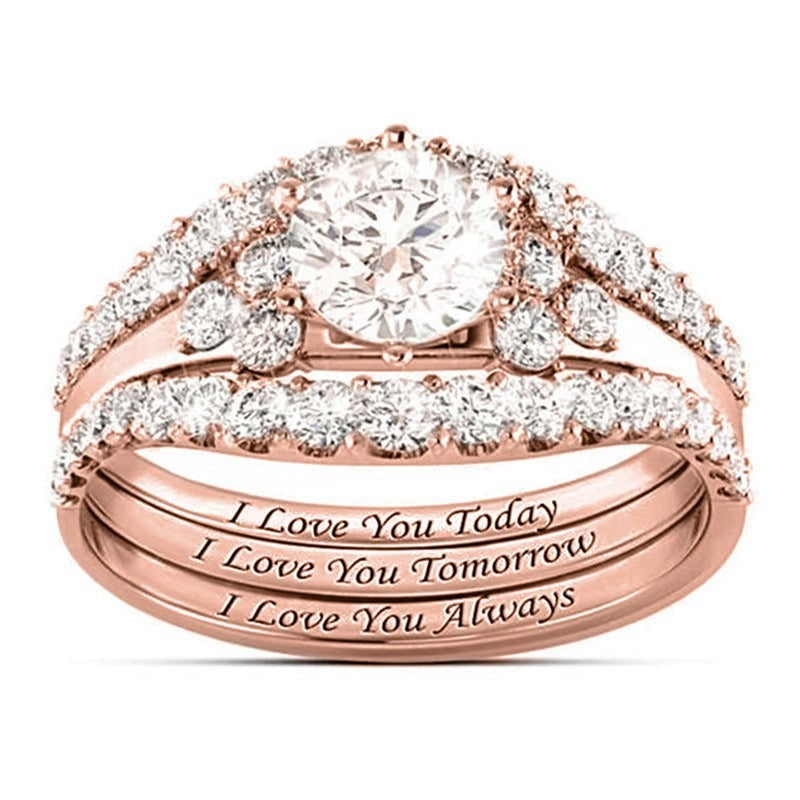“Today·Tomorrow·Always” 18K Gold Diamond Stackable Ring Set｜Three-Layer Romantic Vow Engraved in Love