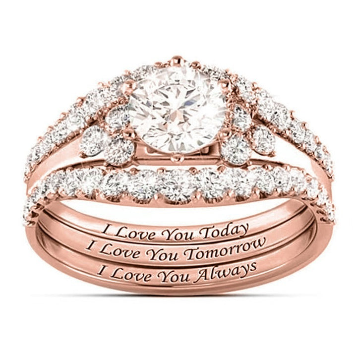 “Today·Tomorrow·Always” 18K Gold Diamond Stackable Ring Set｜Three-Layer Romantic Vow Engraved in Love