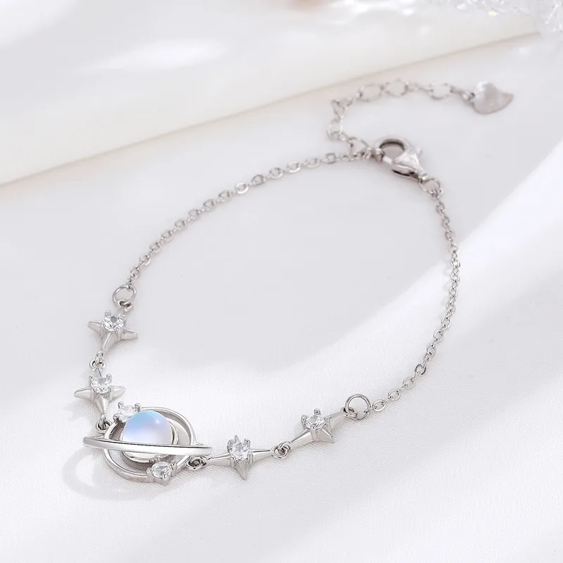 S925 Silver Planet Pearl Bracelet - Diamond-Paved Star Space-Style Light Luxury Bracelet
