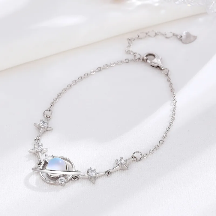 S925 Silver Planet Pearl Bracelet - Diamond-Paved Star Space-Style Light Luxury Bracelet