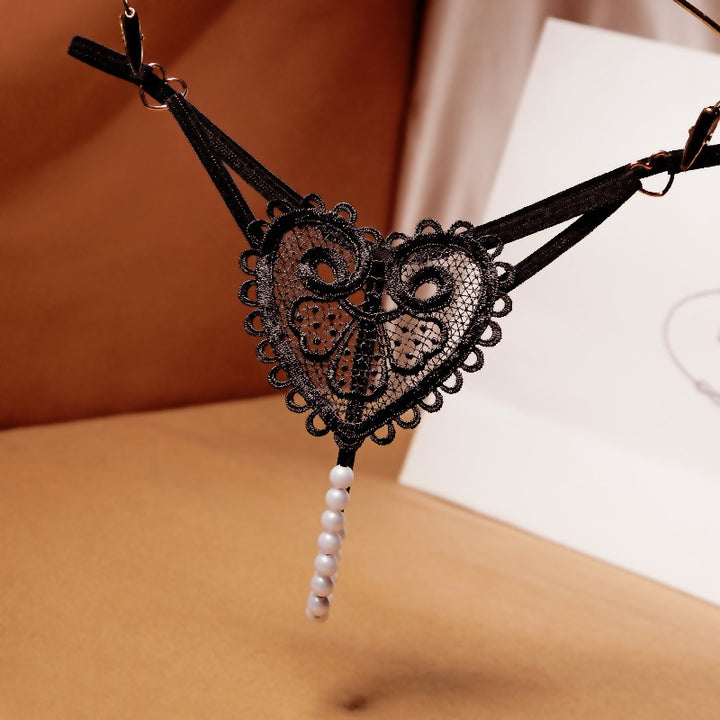 Heart Lace Pearl Tassel Open Crotch Thong