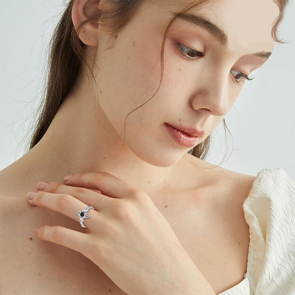 Vintage Pattern Black Gem Silver Ring - Women's Light Luxury Elegant Personalized Ring, Artistic Fashion Accessory