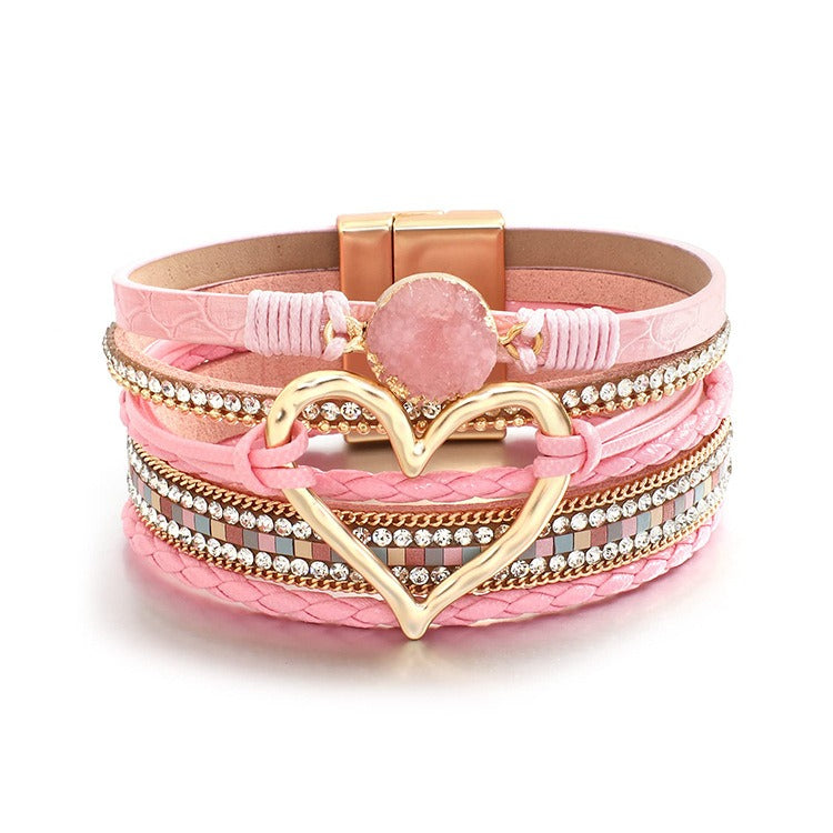 Multi-Color Multi-Layer Heart Braided Bracelet - Leather Diamond-Paved Niche Light Luxury Bracelet