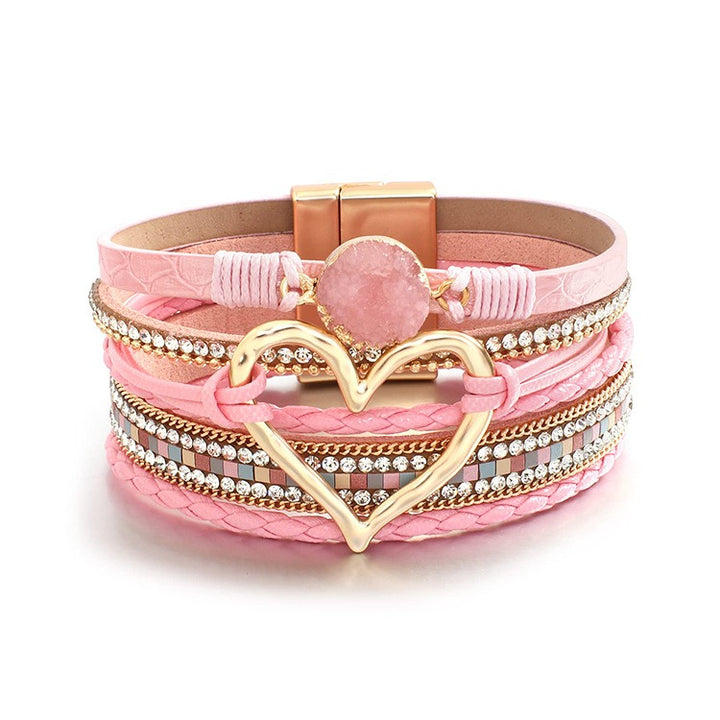 Multi-Color Multi-Layer Heart Braided Bracelet - Leather Diamond-Paved Niche Light Luxury Bracelet