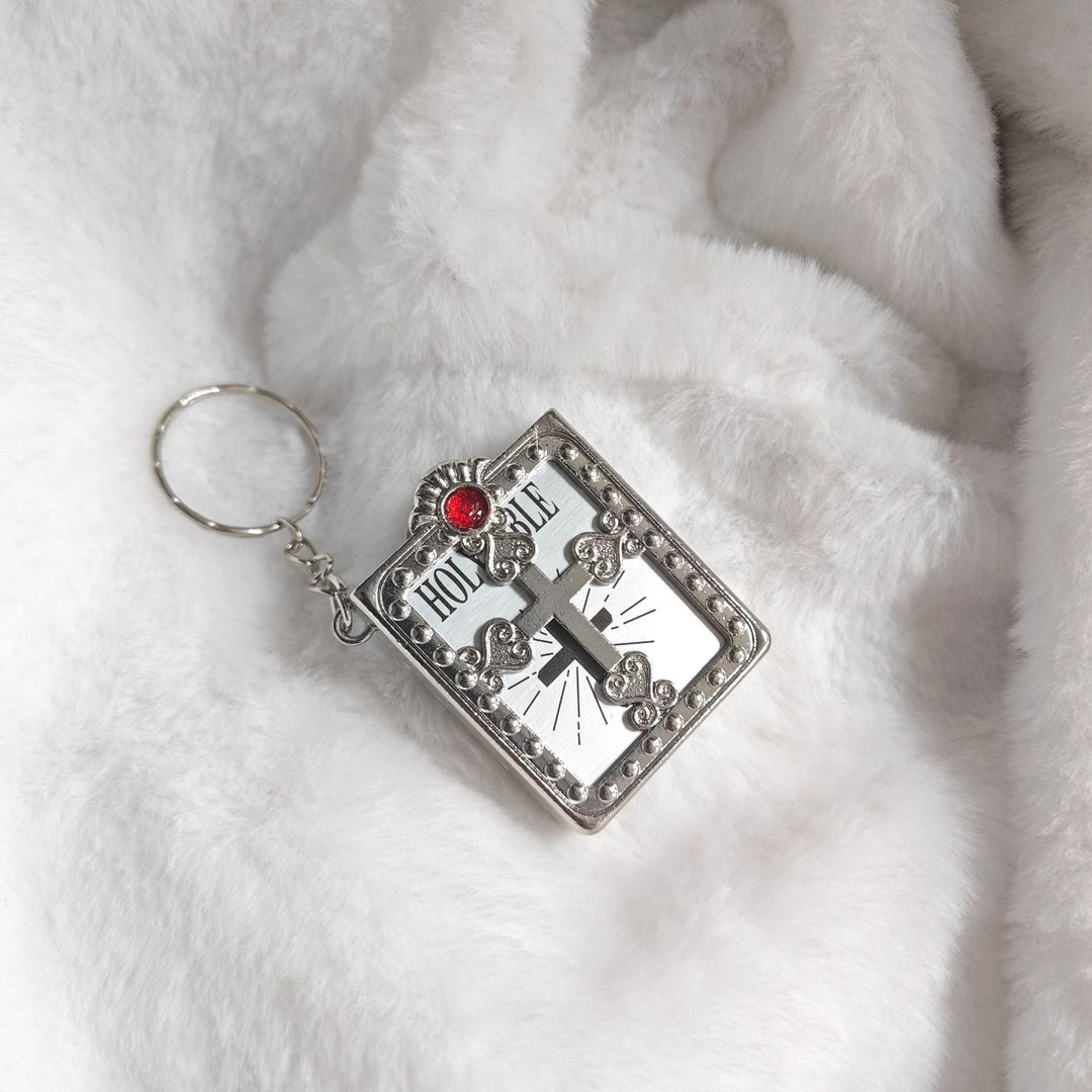 Vintage Holy Bible Cross Keychain | 3D Book Design Christian Key Ring | Metal Faith Charm