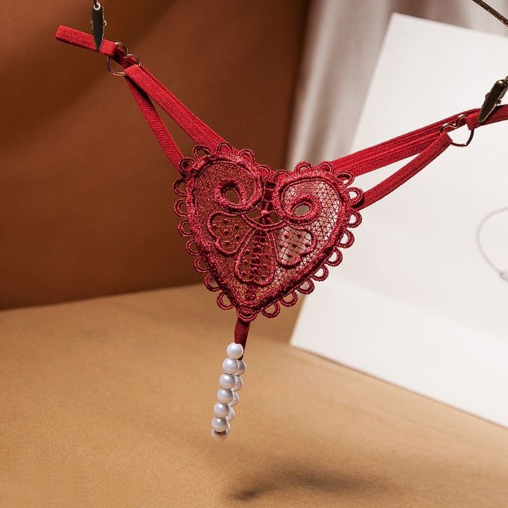 Heart Lace Pearl Tassel Open Crotch Thong