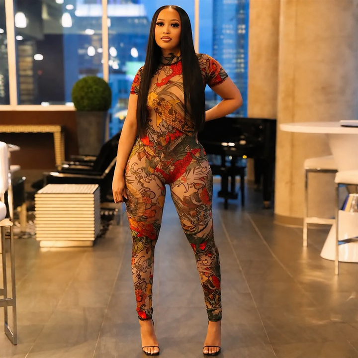 Koi Dragon Tattoo Sheer Mesh Bodysuit