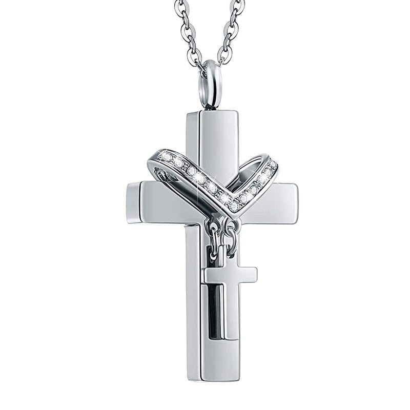 Diamond-Inlaid Heart Religious Pendant  Openable Cross Memorial Necklace