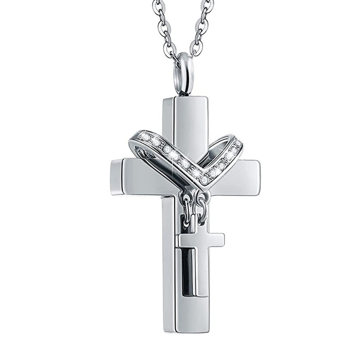Diamond-Inlaid Heart Religious Pendant  Openable Cross Memorial Necklace