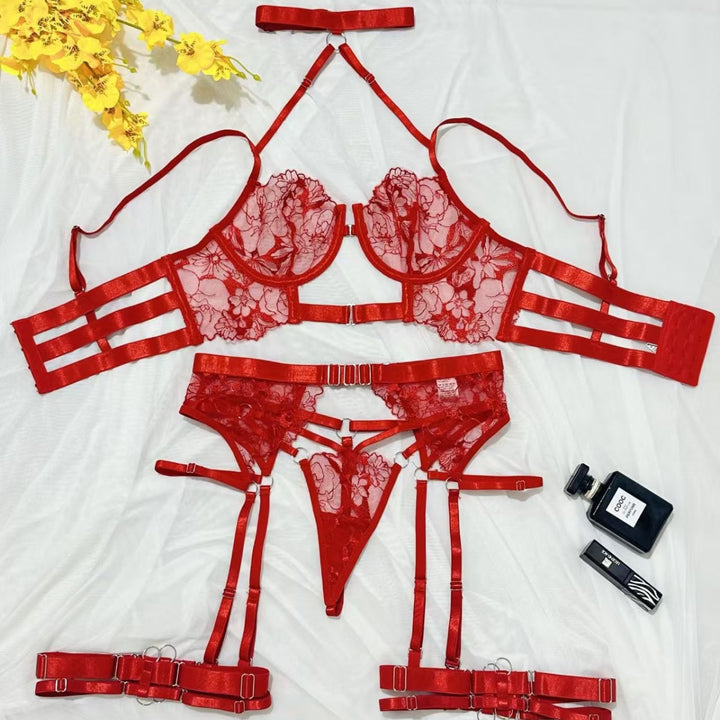 Strappy Floral Lace Sheer Garter Lingerie Set