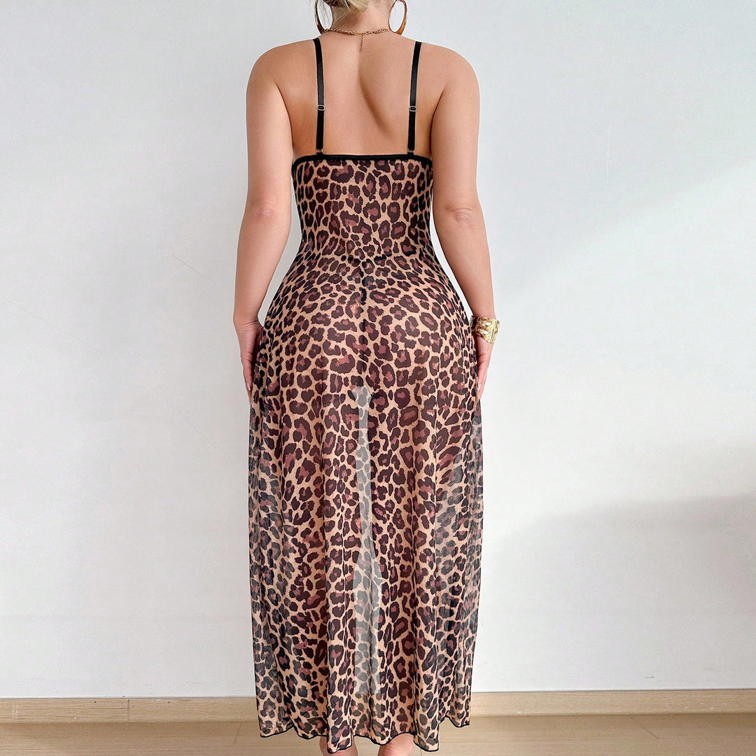 Seductive Leopard Print Sheer Lace Robe Set