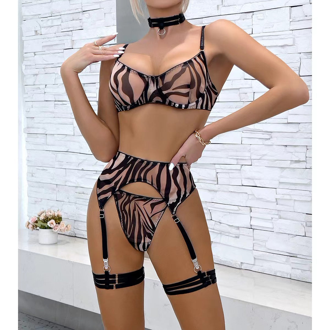 Wild Zebra Print Sheer Garter Lingerie Set