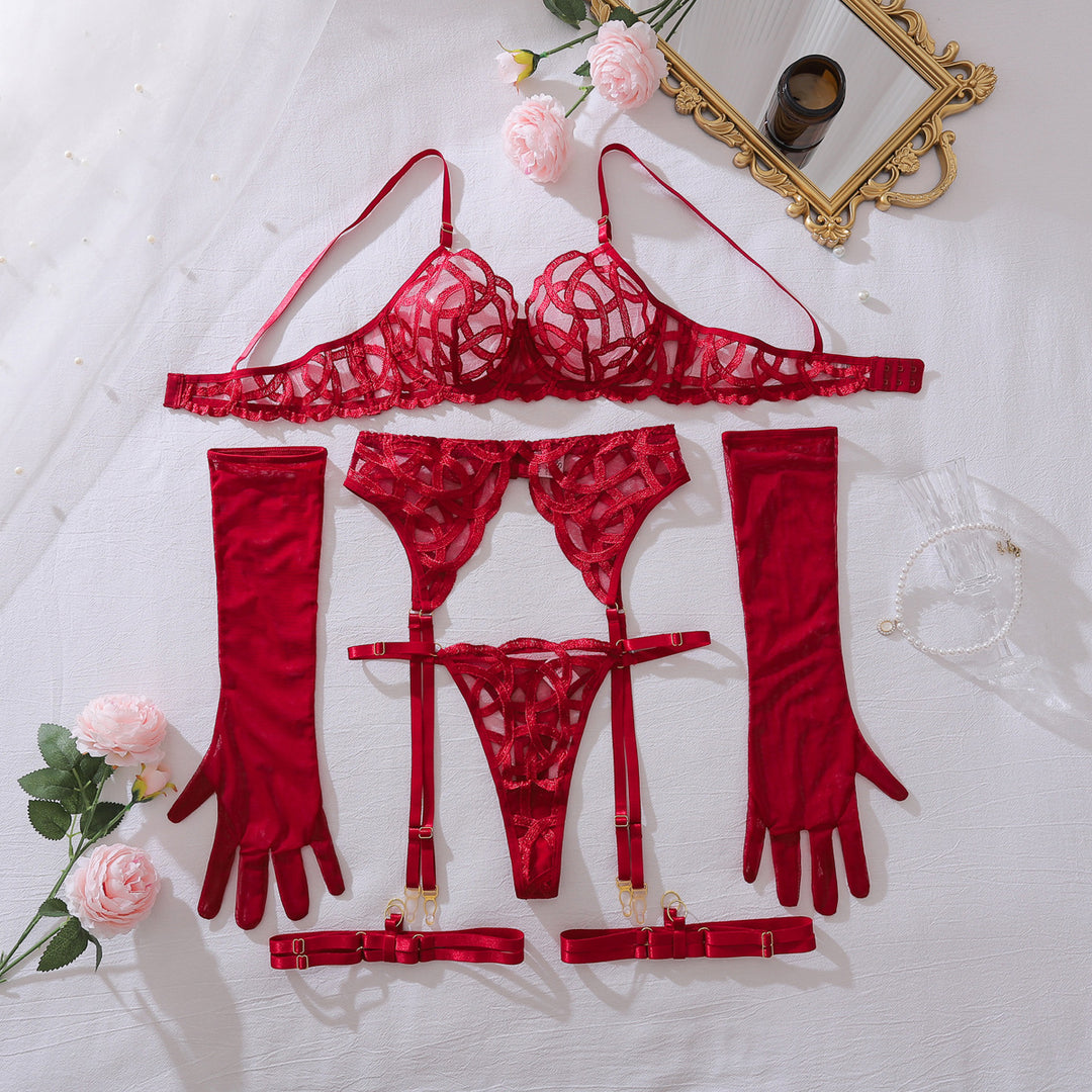 Intricate Cutout Lace Garter Lingerie Set with Gloves