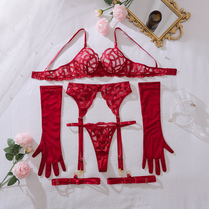 Intricate Cutout Lace Garter Lingerie Set with Gloves