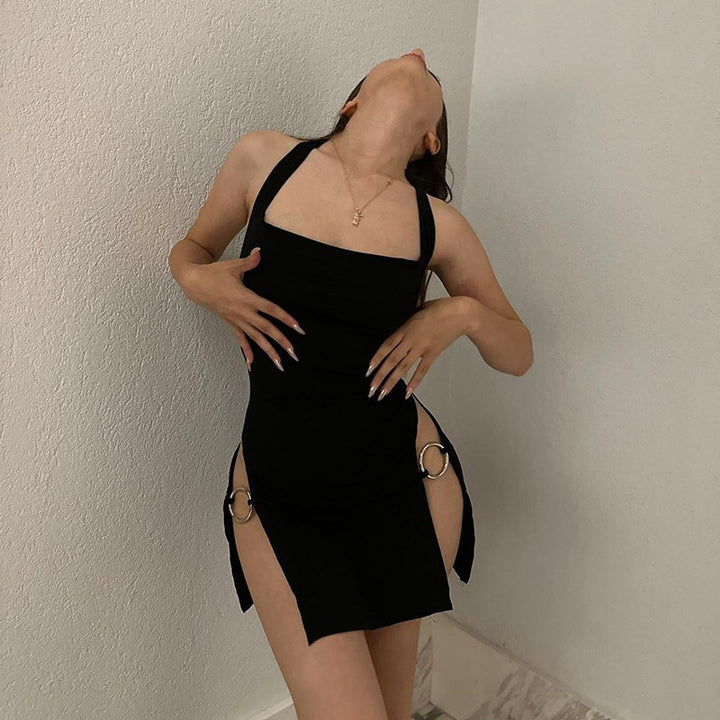 Sexy Ring Slit Halter Mini Dress