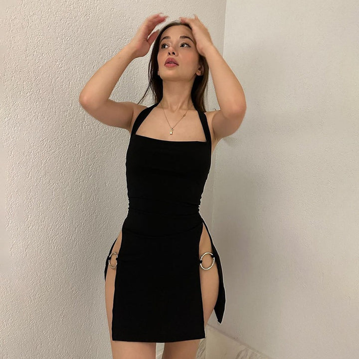Sexy Ring Slit Halter Mini Dress