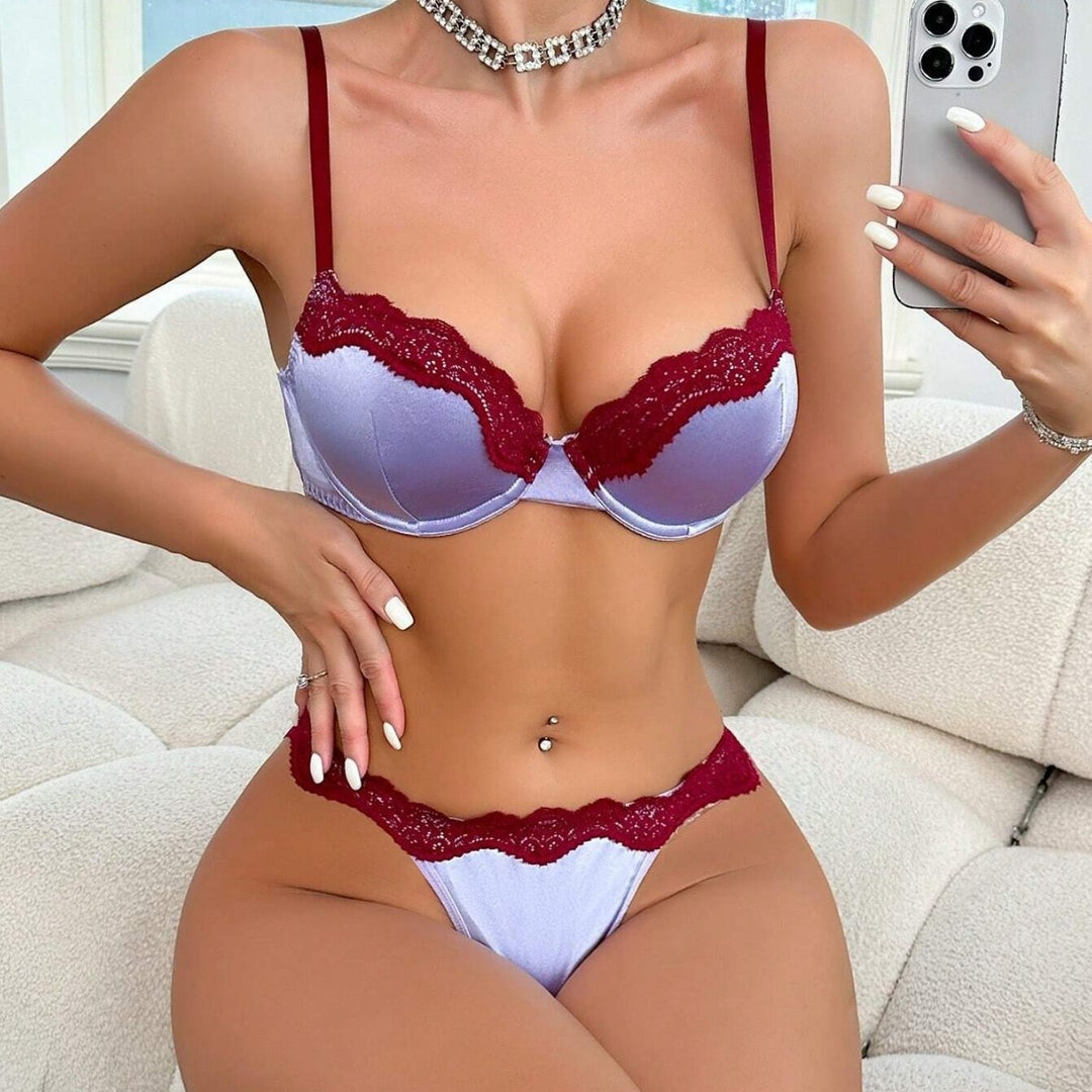 Elegant Lavender Satin Lace Lingerie Set